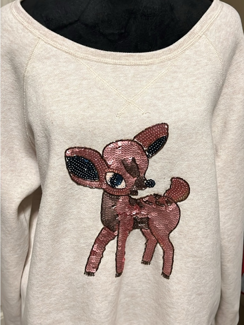 American Eagle Outfitters Cream Sweatshirt with Pink Sequin Fawn